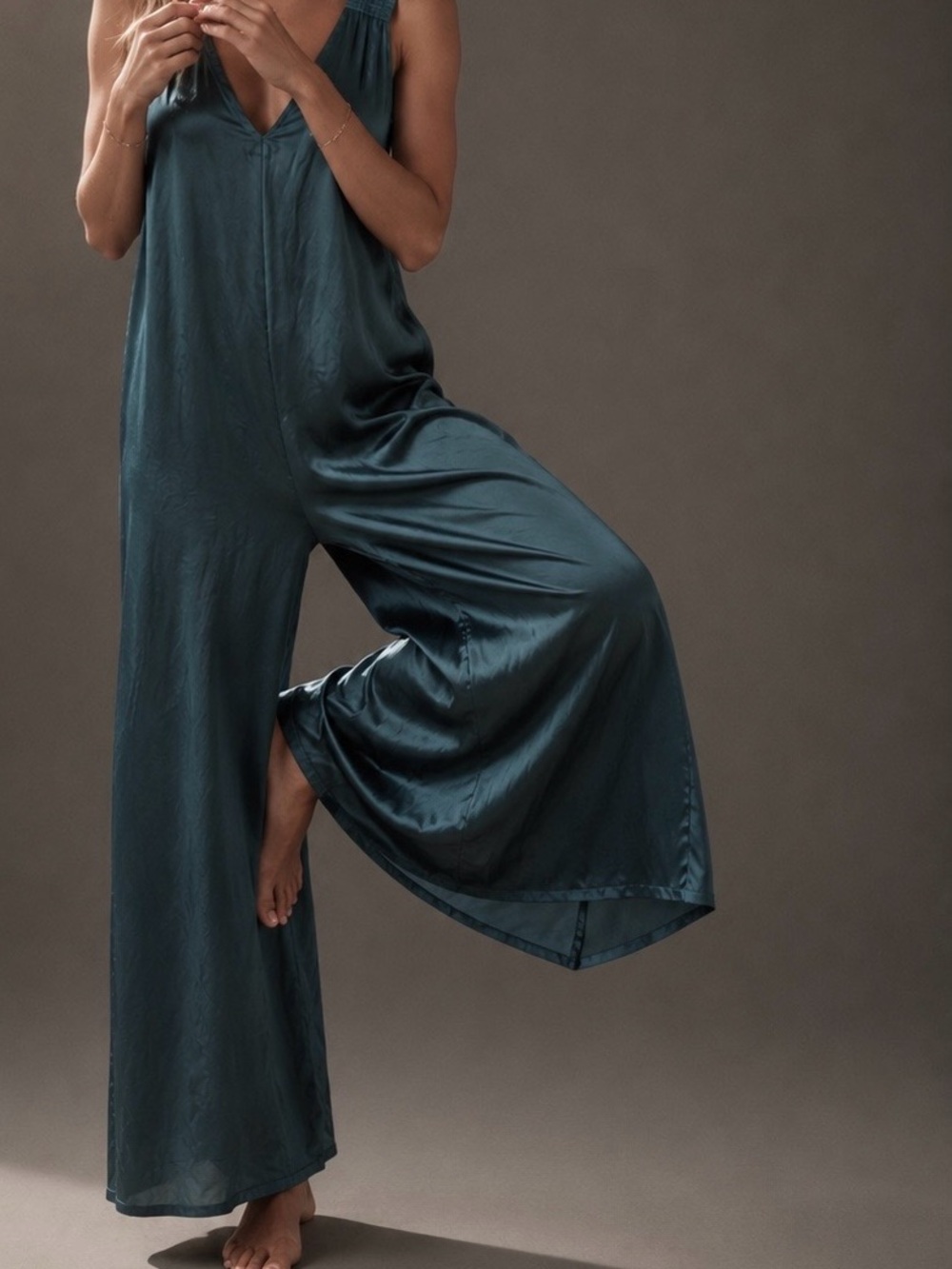 Gorgeous Anthropologie Teal Satin Wide-Leg Jumpsuit